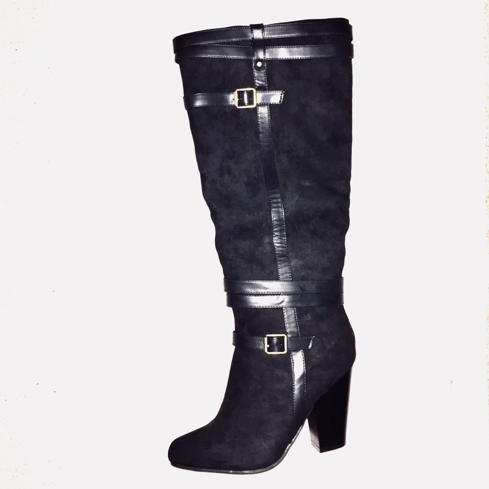 Brand new knee high black strap boots
